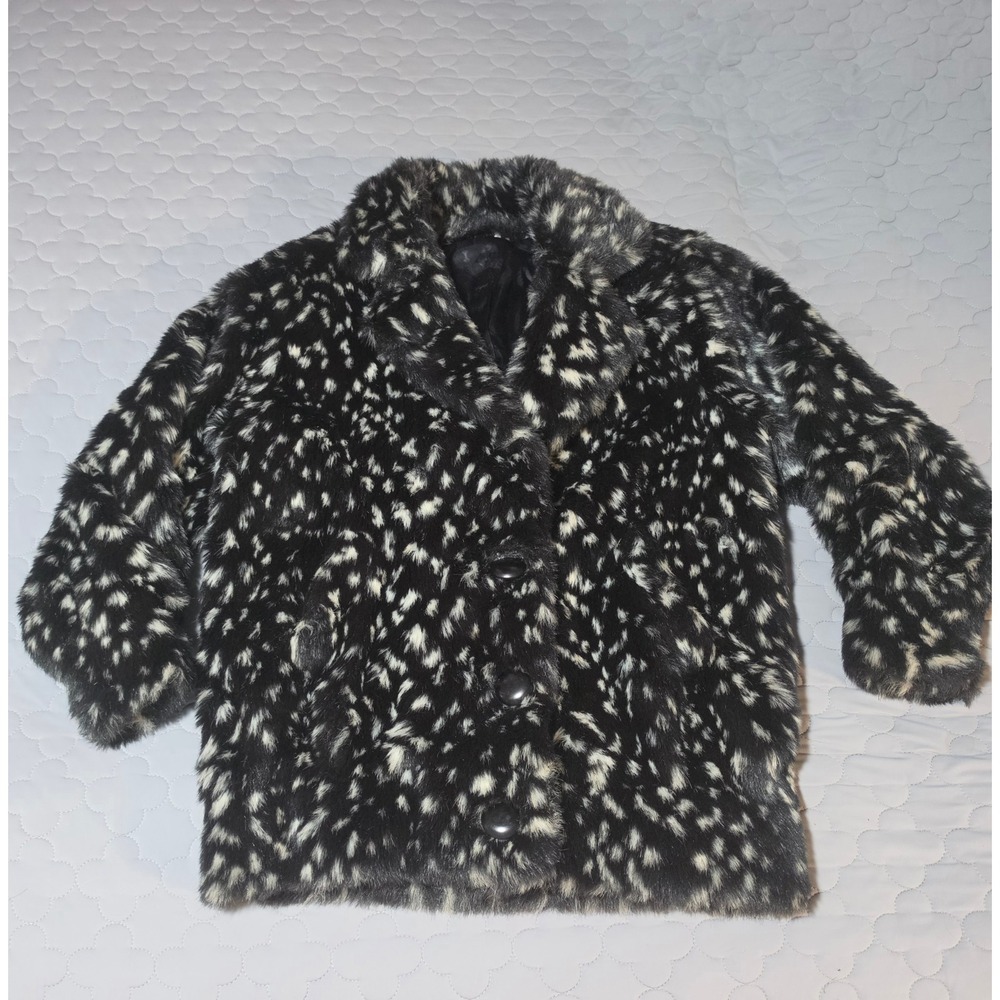 Vintage Black White Spotted Faux Fur Coat Notched Lapel Animal Print Jacket